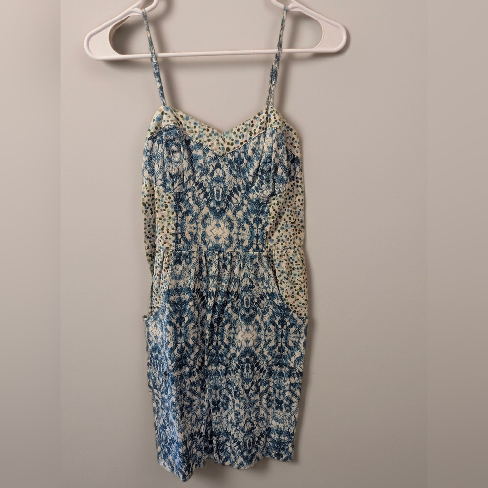 Mini Dress With POCKETS, Blue and Cream Patterned Dress With Spaghetti Straps